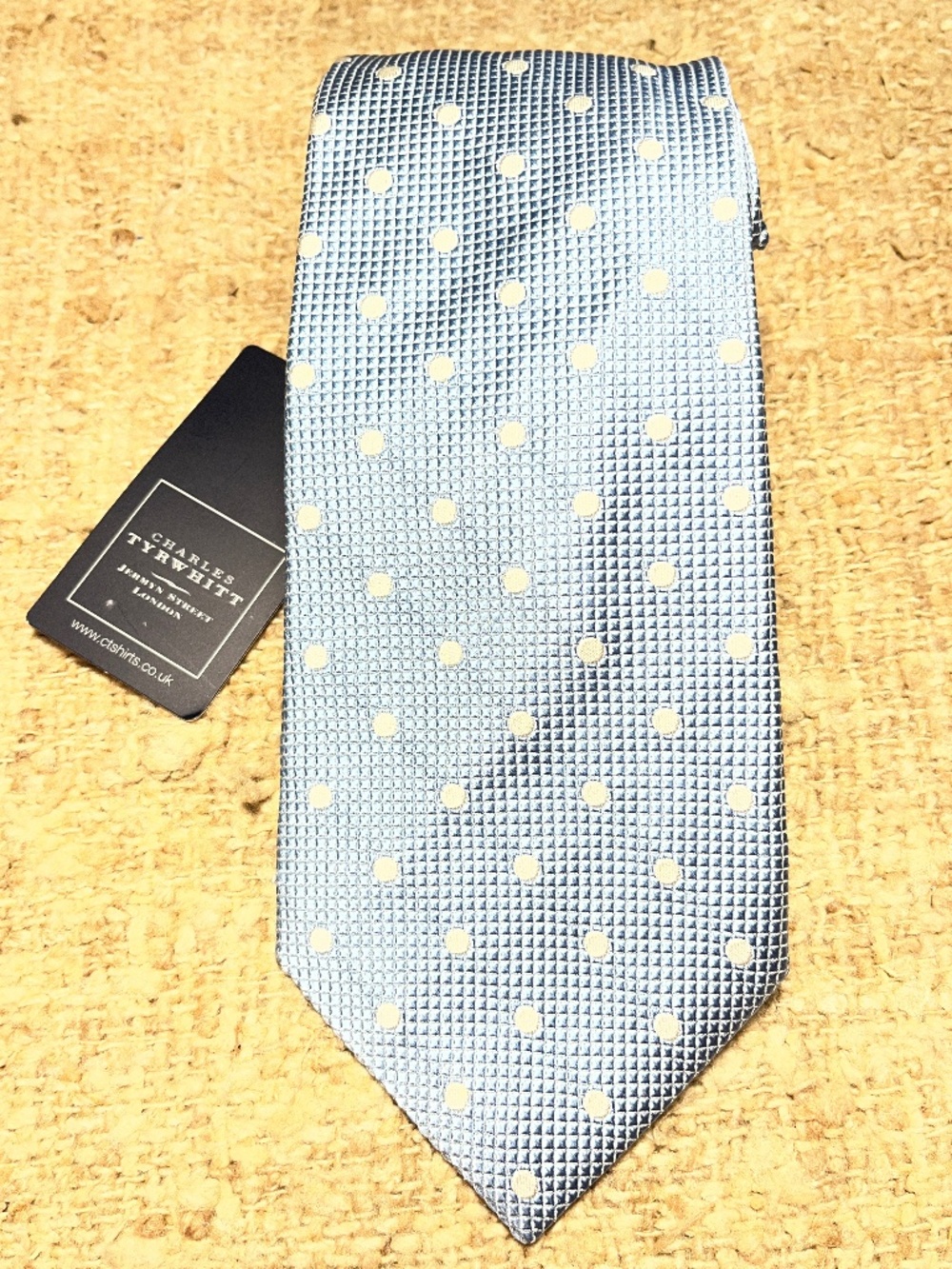 Charles Tyrwhitt Powder Blue w/ White Dots 100% Silk Necktie - NWT!!
